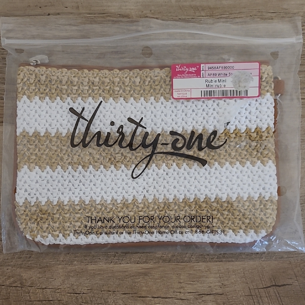 Thirty-One White and Tan Striped Pouch